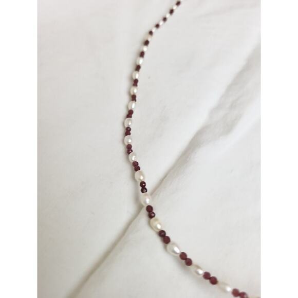 14K Gold Freshwater Pearl Mother Of Pearl Heart Wire Garnet Necklace 10.2" - Picture 5 of 8